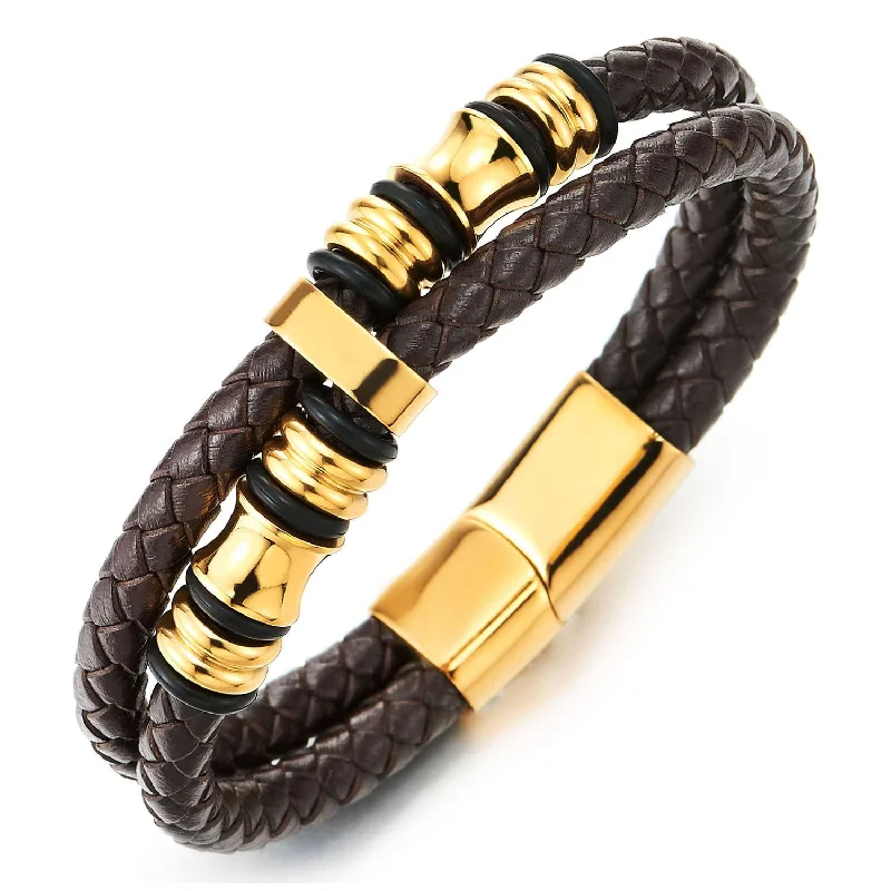 Mens Double-Row Brown Braided Leather Bracelet Bangle Wristband, Gold Color Steel Ornaments