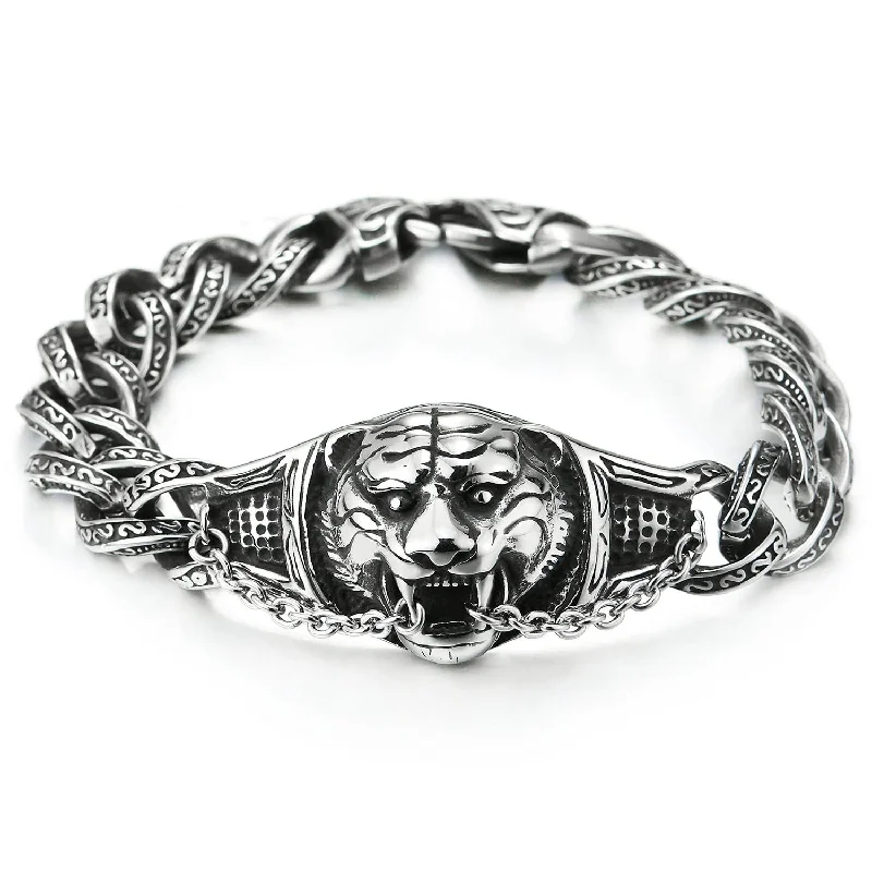 Masculine Mens Stainless Steel Roaring Tiger Fancy Curb Chain Bracelet, Polished, Rock Biker