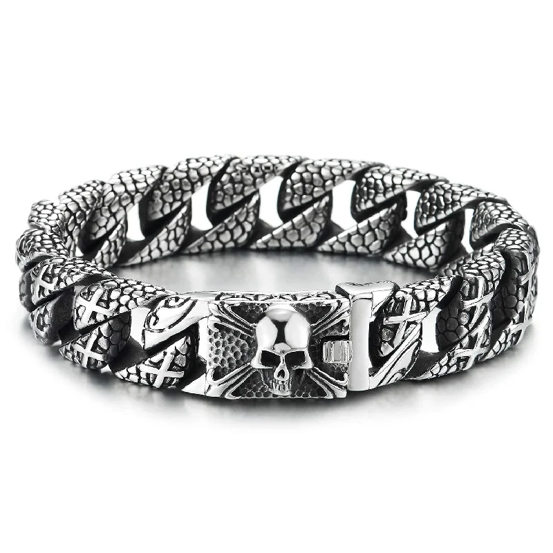 Cross Charms Snake Skin Pattern Curb Chain Mens Large Steel Bracelet with Pirate Skulls Clasp