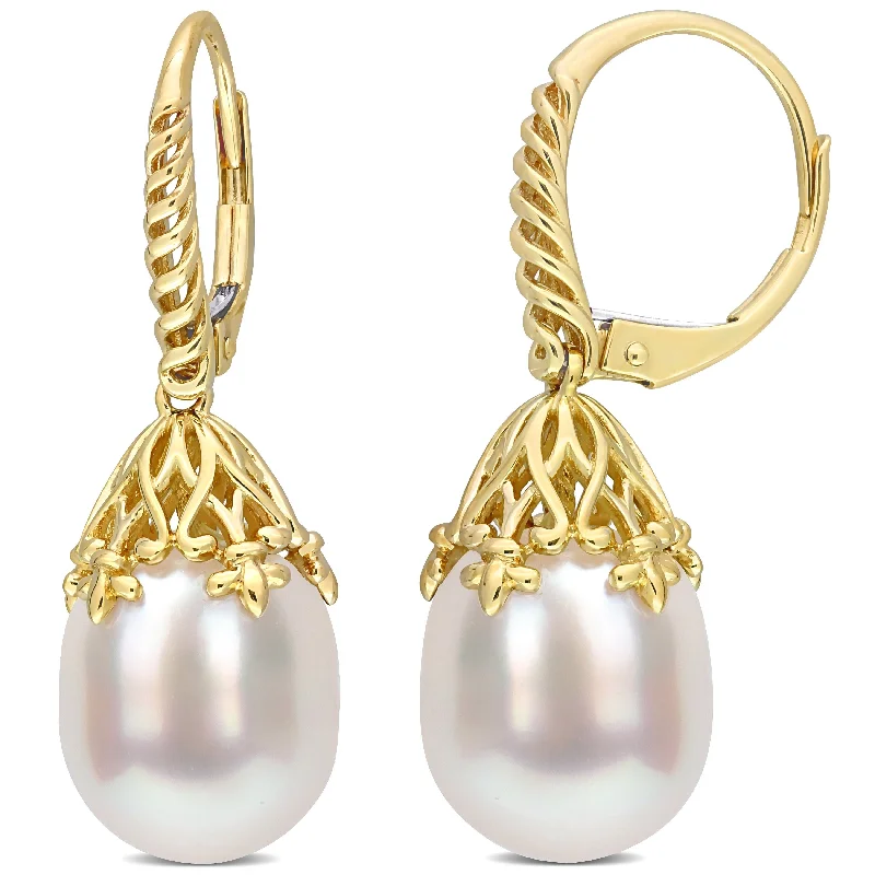 Miadora White South Sea Cultured Pearl Leverback Earrings in 14k Yellow Gold (9-10 mm)