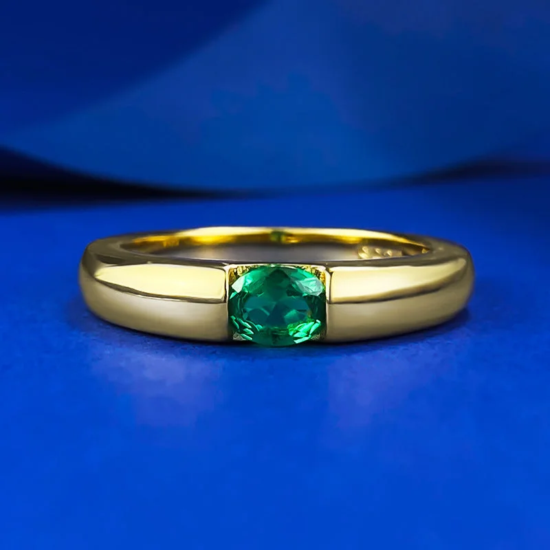 Luxurious Green Oval Cut Sterling Silver Engagement Ring in Golden Tone