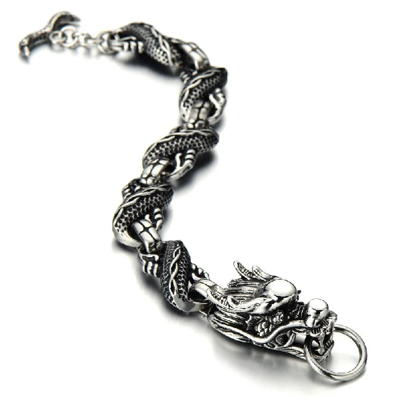 New Gothic Biker Link of Dragon Bracelet for Men with Toggle Clasp Silver Black Two-Tone Polished