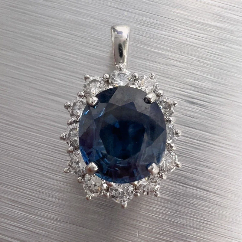 14k White Gold Blue 2.68ct Oval Sapphire Diamond Halo Pendant 0.85ctw G VS2