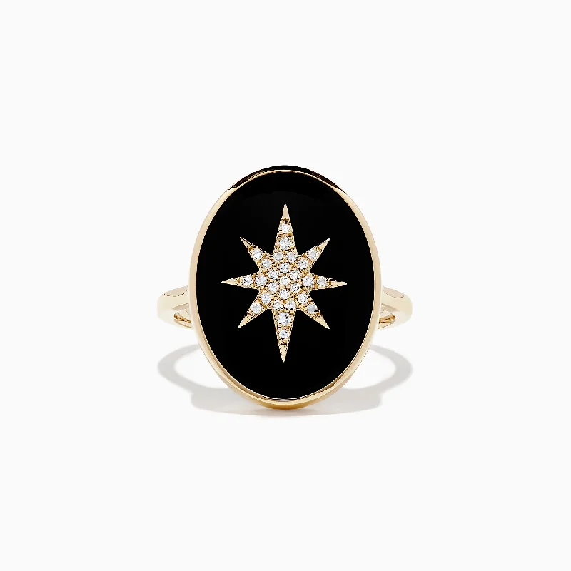 Novelty 14K Yellow Gold Onyx and Diamond Star Coin Ring, 7.38 TCW