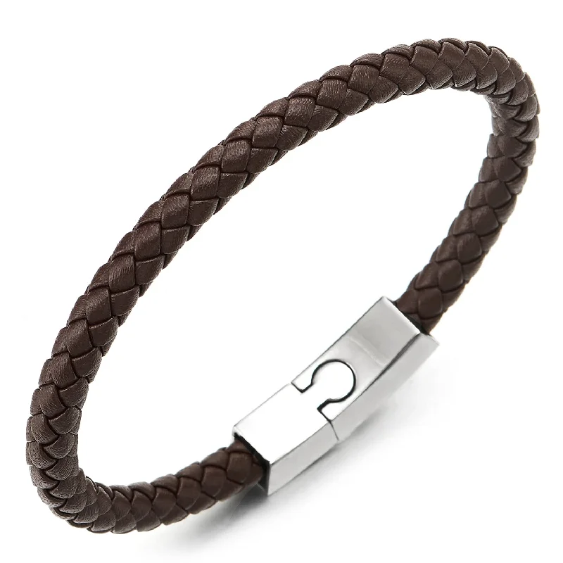 Unisex Mens Women Thin Brown Braided Leather Bracelet Leather Bangle Wristband, Steel Magnetic Clasp