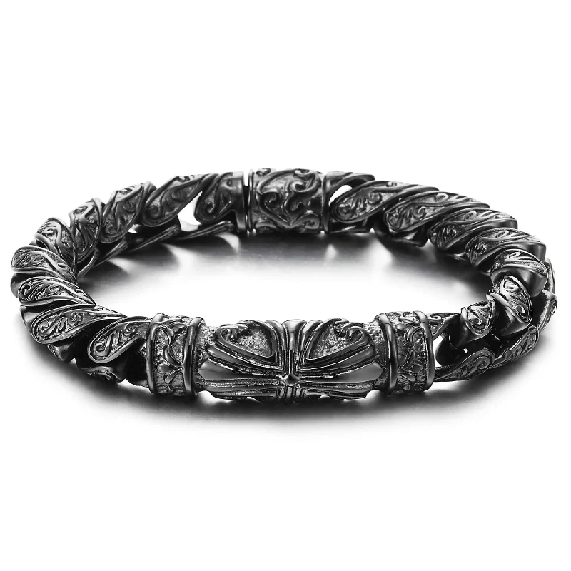 Retro Style Tribal, Mens Steel Cross Charm Vintage Link Chain Bracelet Spring Clasp, 8.7 Inches