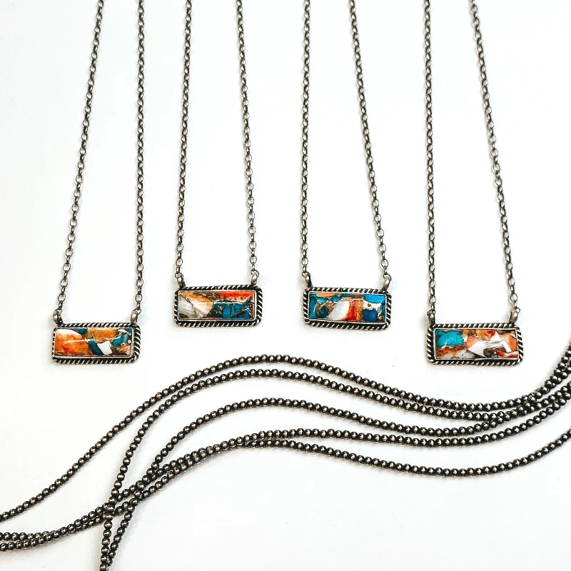 Augustine Largo | Navajo Handmade Sterling Silver Chain Necklace with Spiny Oyster and Turquoise Remix Bar