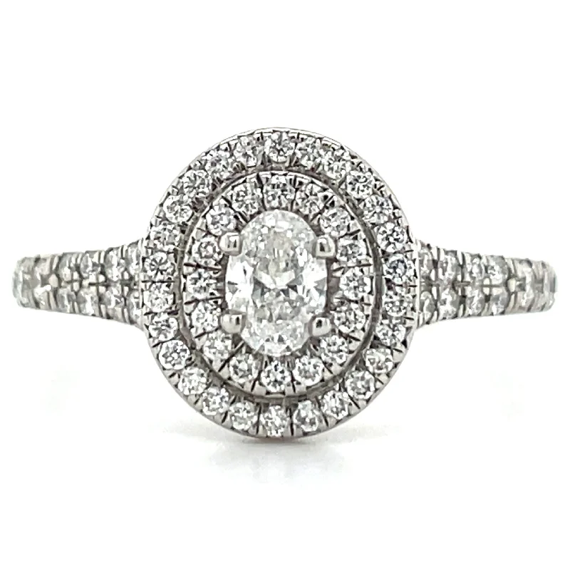 Arabella - Platinum Oval Double Halo Earth Grown Diamond Engagement Ring With Castle Set Diamond Shoulders