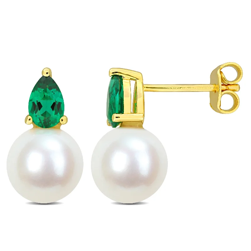 Miadora 4/5ct TGW Created Emerald and 8.5-9mm Cultured Freshwater Pearl Earrings Yellow Silver - 15.5 mm x 8.7 mm x 8.7 mm