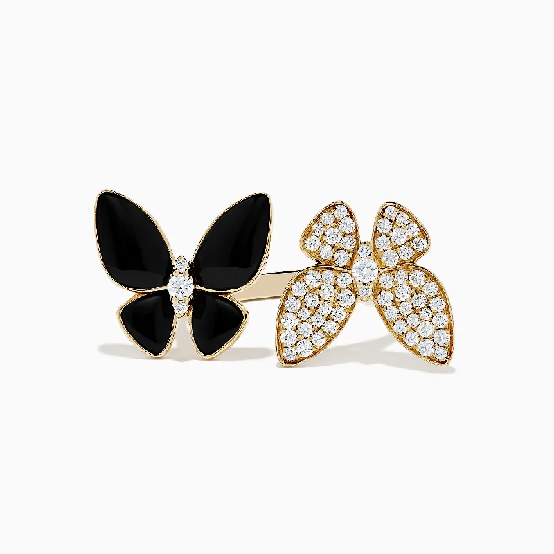 Nature 14K Yellow Gold Onyx and Diamond Butterfly Ring, 1.86 tcw