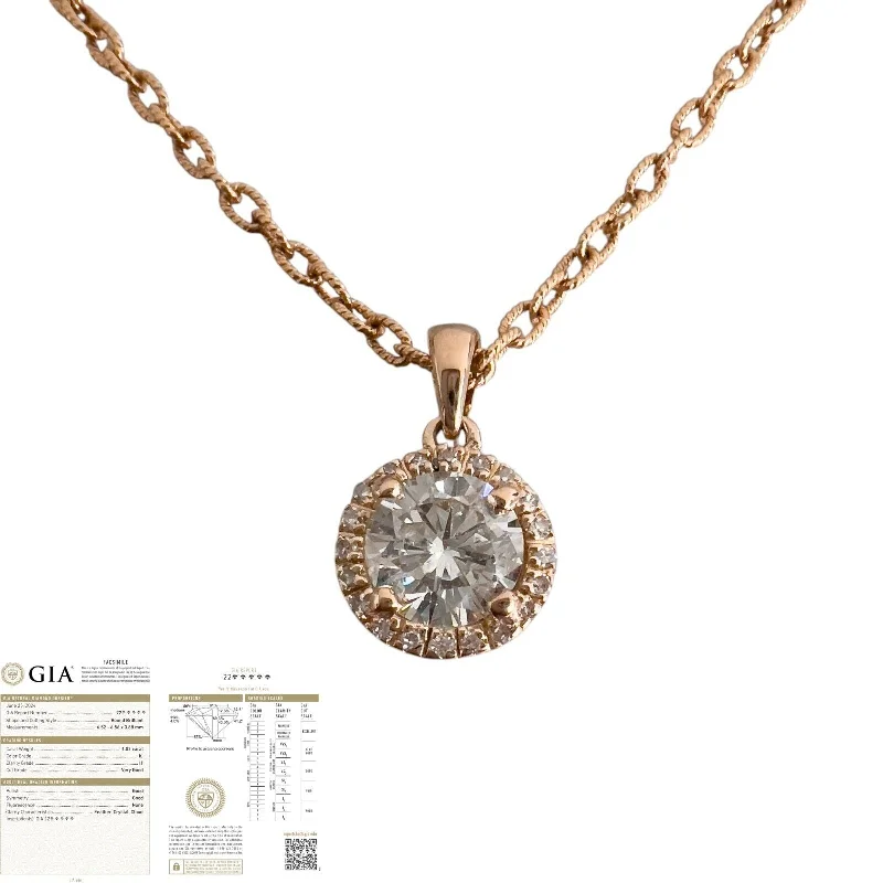 14k Rose Gold GIA K I1 1.02ct Diamond Halo Pendant Necklace 0.15ctw 16"