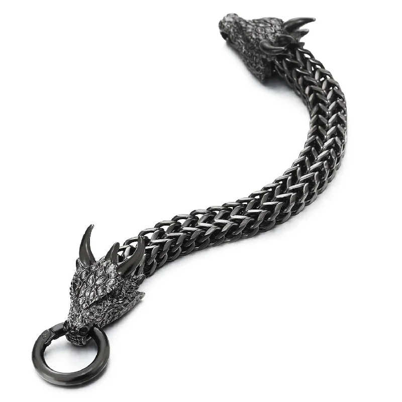 Men Black Steel Square Franco Chain Curb Chain Bracelet Dragon Head Scales Spiked Horn, Ring Clasp