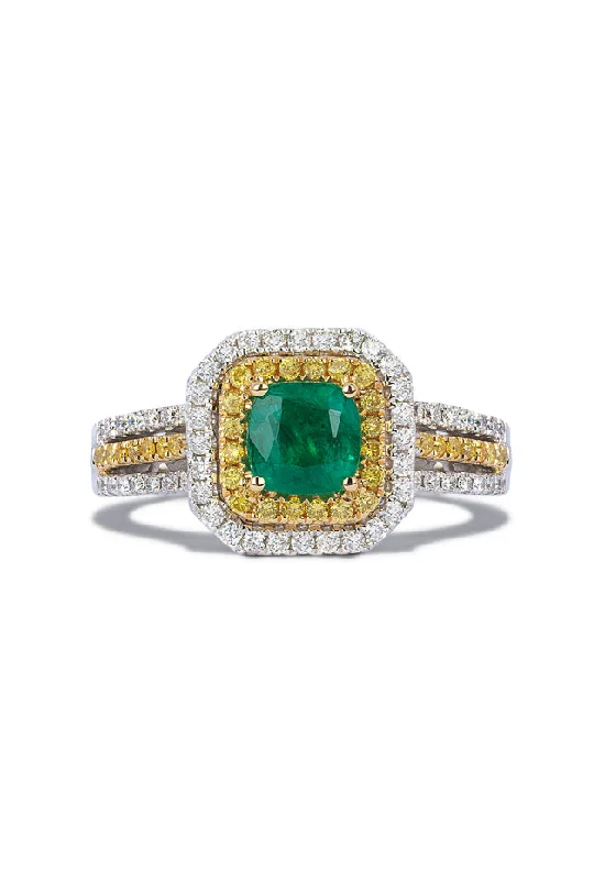 14K Tri-Color Gold Emerald, Yellow & White Diamond Ring, 1.48 TCW