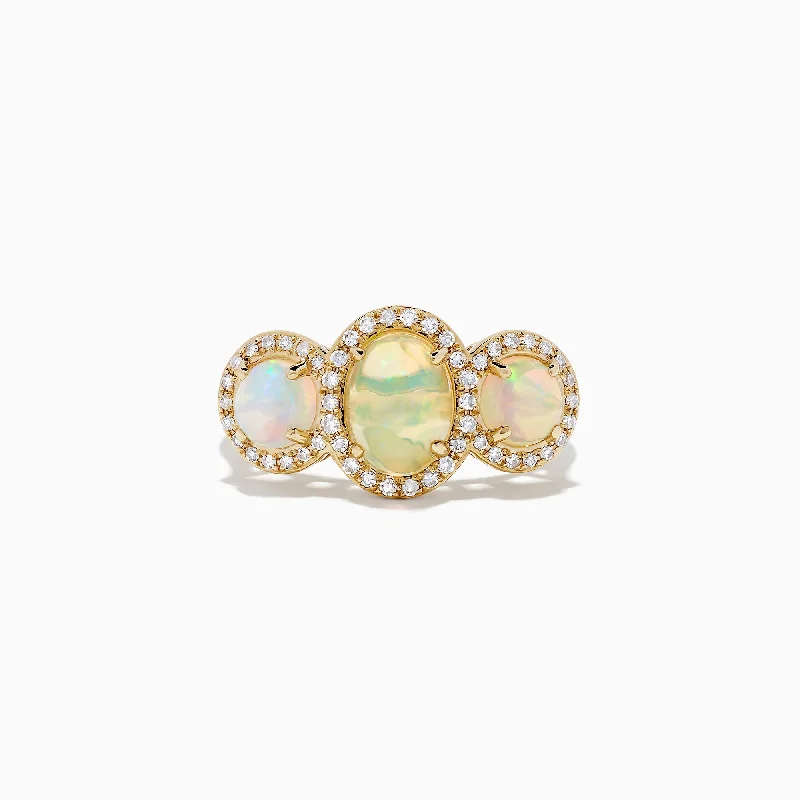 Aurora 14K Yellow Gold Three Stone Opal and Diamond Ring, 2.39 TCW