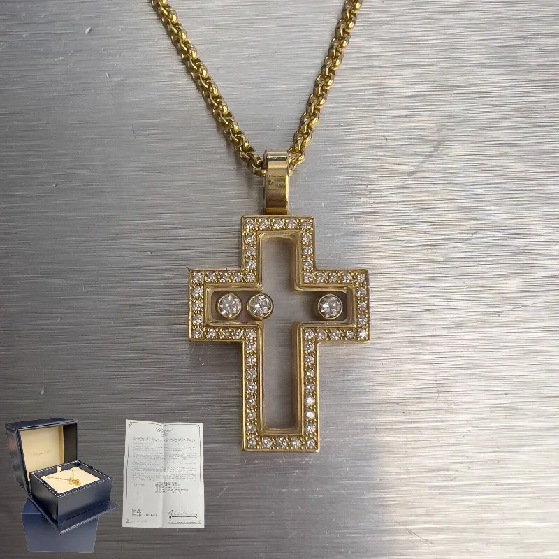 Chopard Happy Floating 3 Diamond Cross 750 18k Yellow Gold Necklace 24" 20.8g