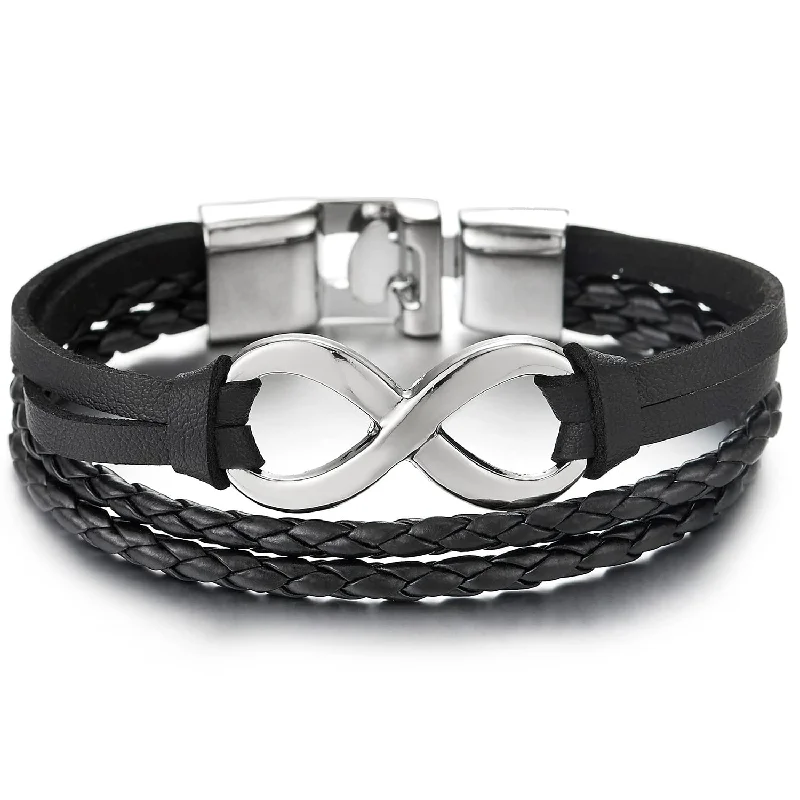 Infinity Love Number 8 Black Leather Bracelet for Men Women Three-Row Leather Wristband