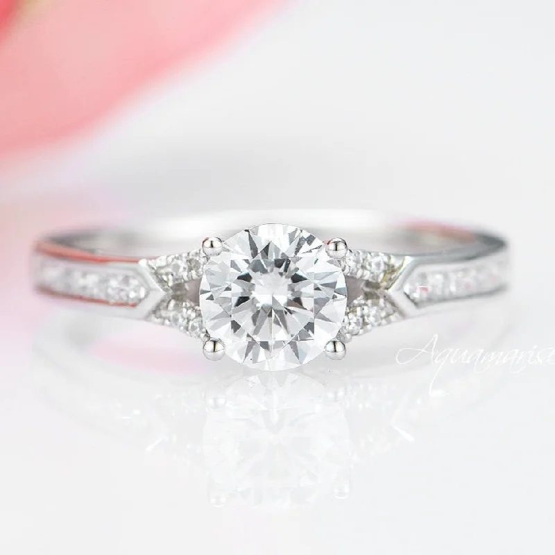 Round Cut Moissanite Engagement Ring- 14K White Gold