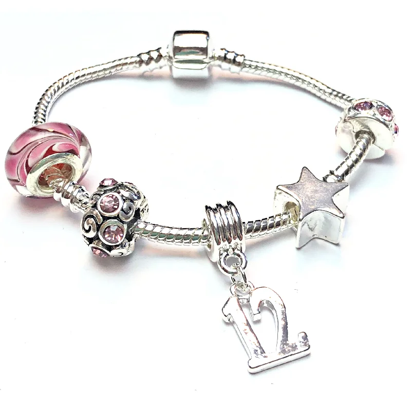 Children's 'Pink Crystal Happy 12th Birthday' Silver Plated Charm Bead Bracelet