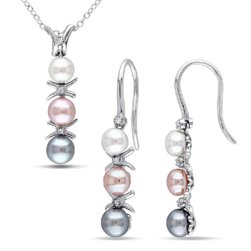 Miadora Sterling Silver Freshwater Grey, Pink and White Pearl and Diamond Accent 2-piece Drop Necklace and Earrings Set (4-6 mm)