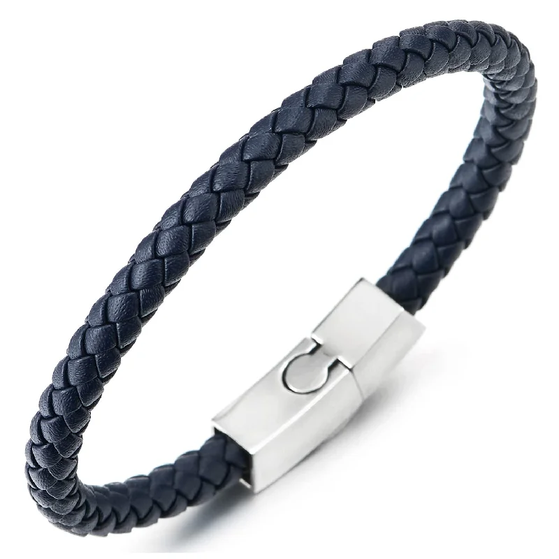 Mens Women Thin Dark Blue Braided Leather Bracelet Leather Bangle Wristband, Steel Magnetic Clasp