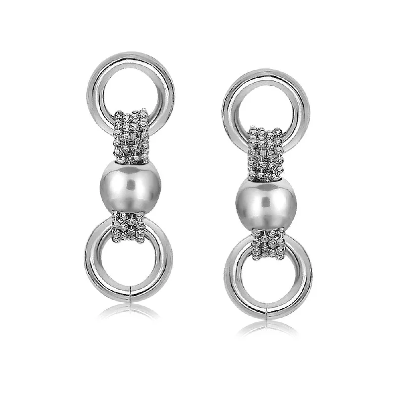 Sterling Silver Rhodium Plated Bead Chain Earrings with Rings and Barrel Motifs