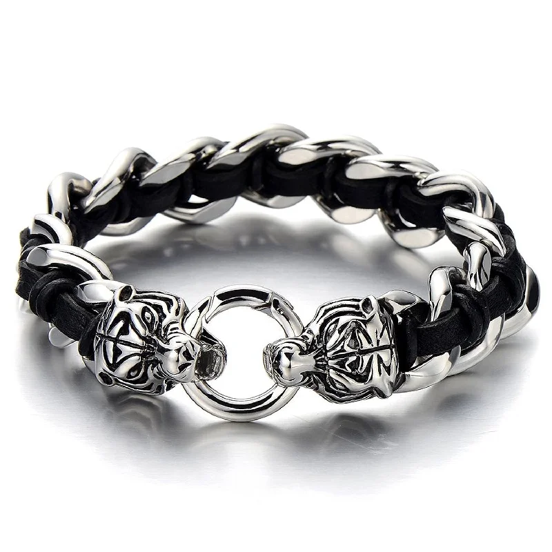 Large Stainless Steel Mens Roaring Tiger Braided Curb Chain Bracelet with Black Leather Retro Style