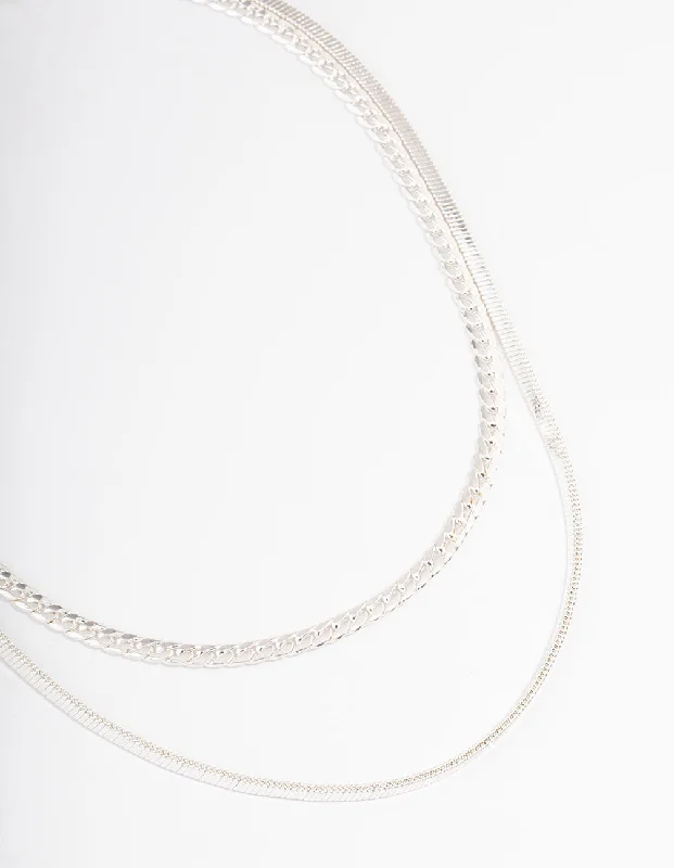 Silver Plated Herringbone & Snake Chain Layered Necklace