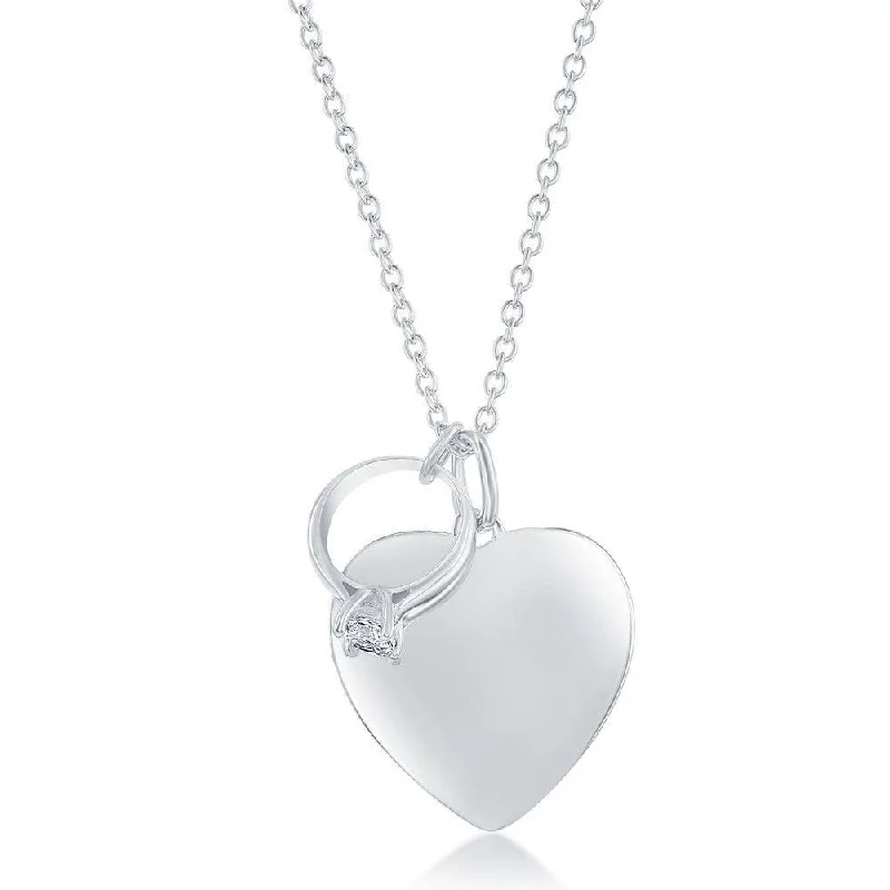 Sterling Silver Shiny Heart with CZ Engagement Ring Necklace