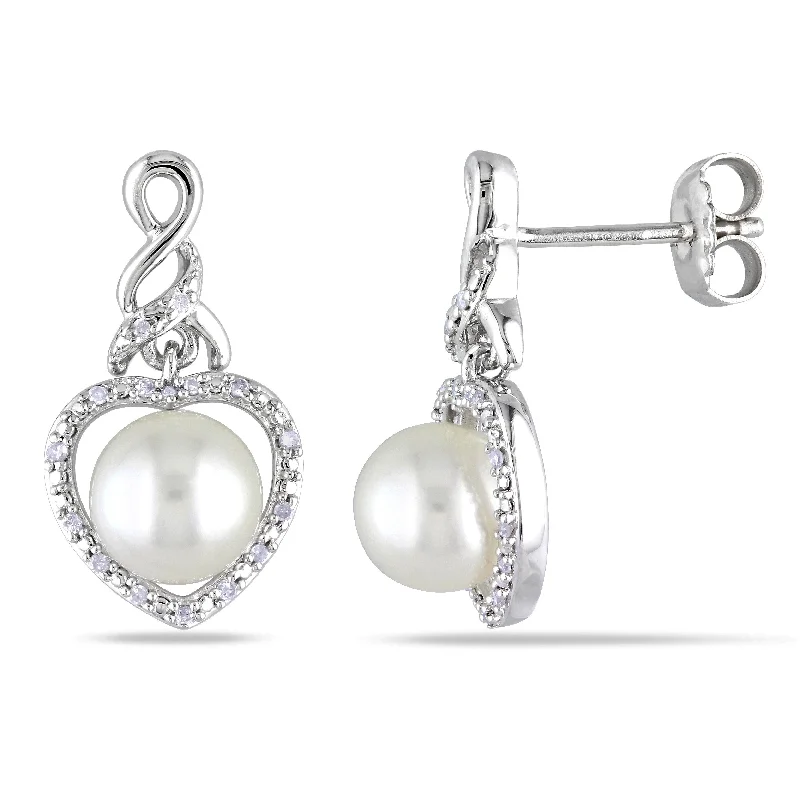 Miadora Silver White Pearl and 1/10ct TDW Diamond Heart Earrings (H-I, I2-I3)