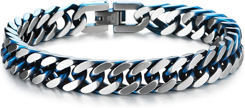 Mens Stainless Steel Silver Blue Two-tone Curb Chain Bangle Bracelet, Satin Finish