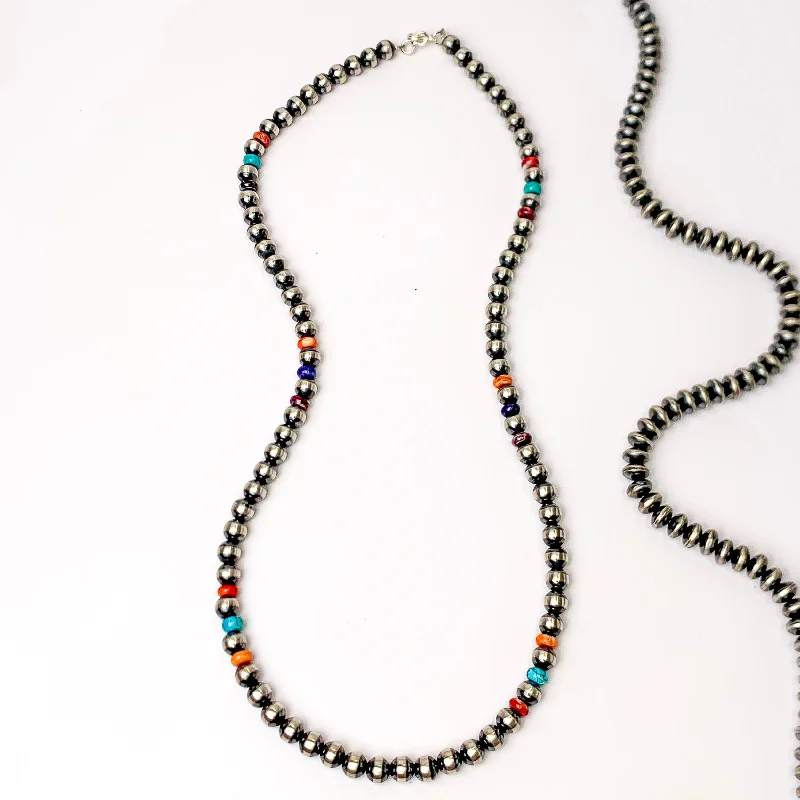 Navajo | Navajo Handmade Sterling Silver 5mm Navajo Pearl Necklace with Red, Blue, Purple and Orange Stone Spacers