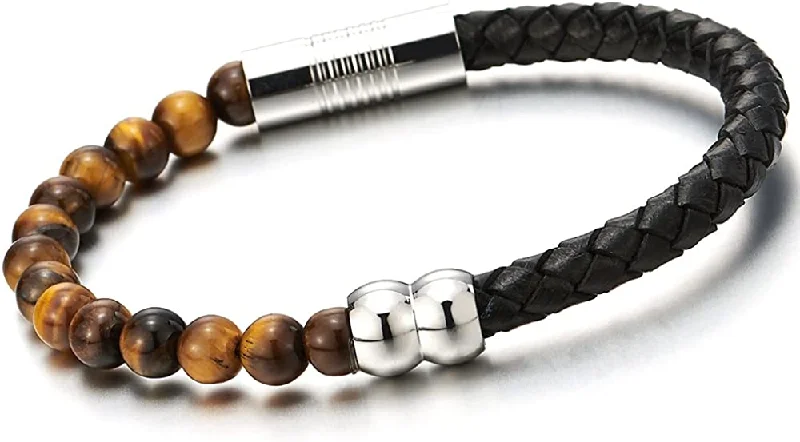 Men Women Bracelet Black Braided Leather and Tiger Eye Stone Leather Beads Bangle Bracelet Wristband