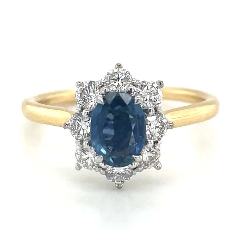 18ct Yellow Gold Earth Grown 1ct Sapphire & Diamond Cluster Halo Engagement Ring