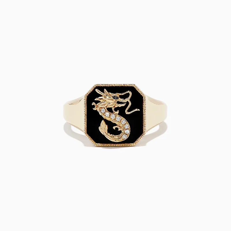 Novelty 14K Yellow Gold Onyx and Diamond Dragon Signet Ring, 1.91 TCW