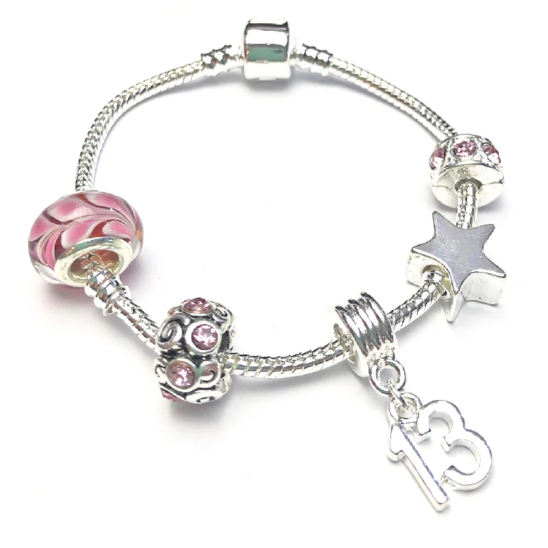 Teenager's 'Pink Crystal Happy 13th Birthday' Silver Plated Charm Bead Bracelet