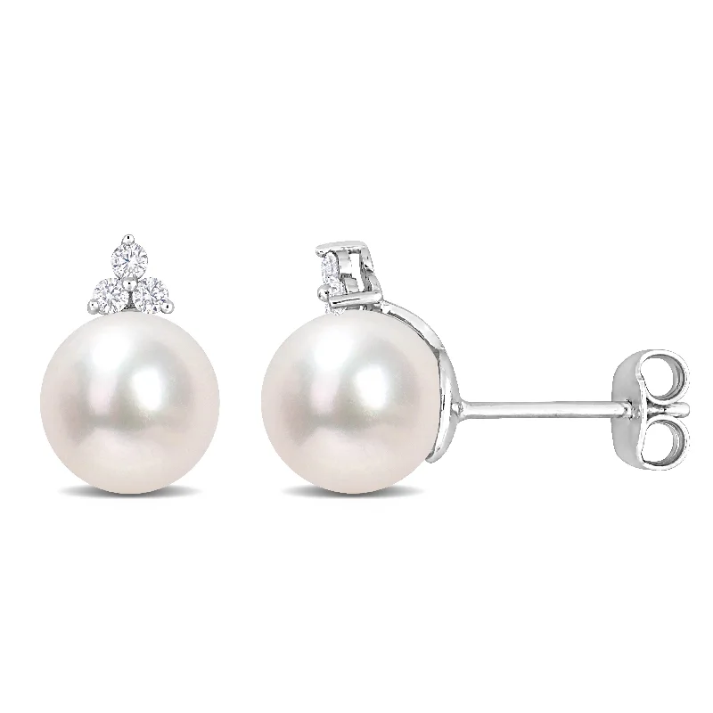 Miadora 8-8.5mm Cultured Freshwater Pearl and 1/8ct TDW Diamond Pearl Stud Earrings in Sterling Silver