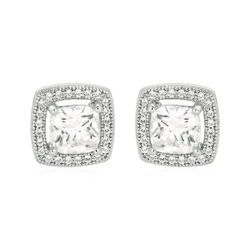 Cushion Earrings with Cubic Zirconia in Sterling Silver