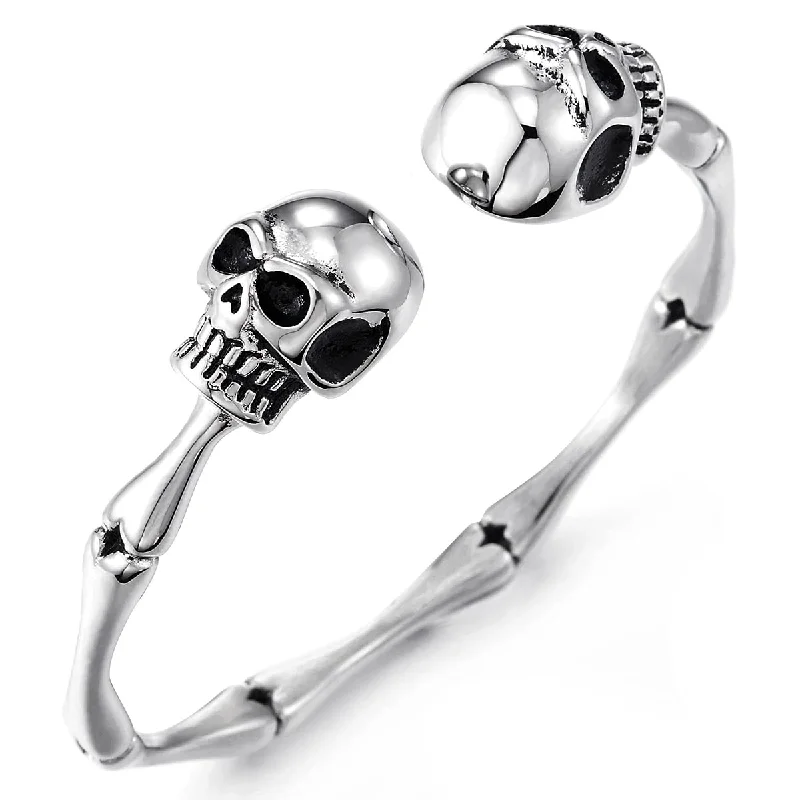 Mens Womens Skull Bone Link Cuff Bangle Bracelet, Stainless Steel, Polished, Elastic Adjustable