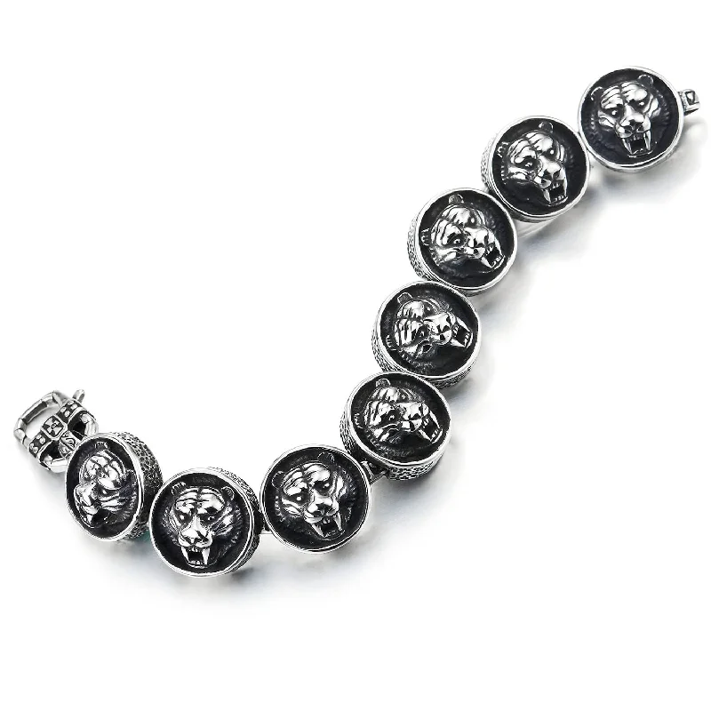 Gothic Punk Circle Link of Tiger Bracelet for Men Retro Style Silver Black Two-Tone Polished