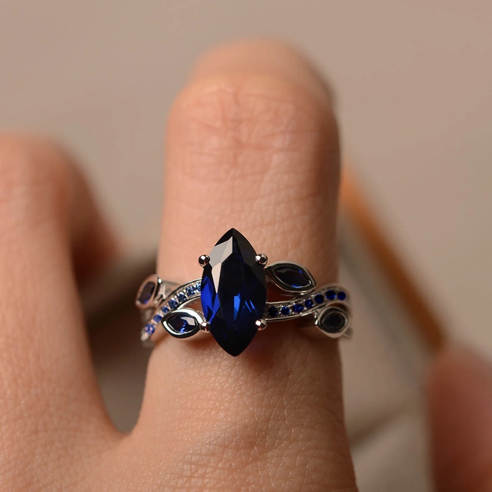 Marquise cut blue sapphire stone ring (All Blue Edition)