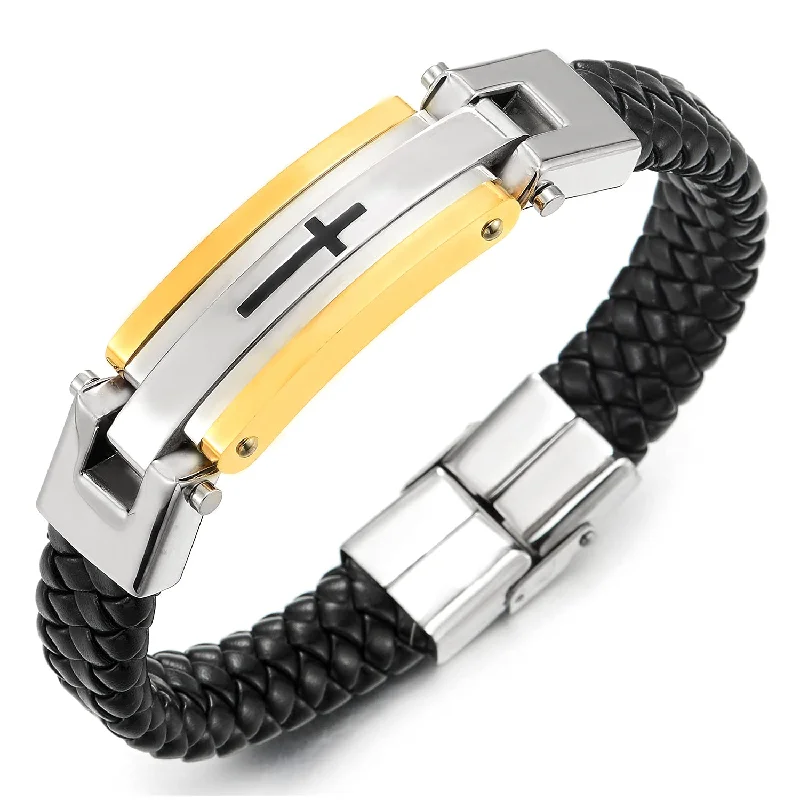 Mens Stainless Steel Silver Gold Cross ID Identification Black Braided Leather Bangle Bracelet