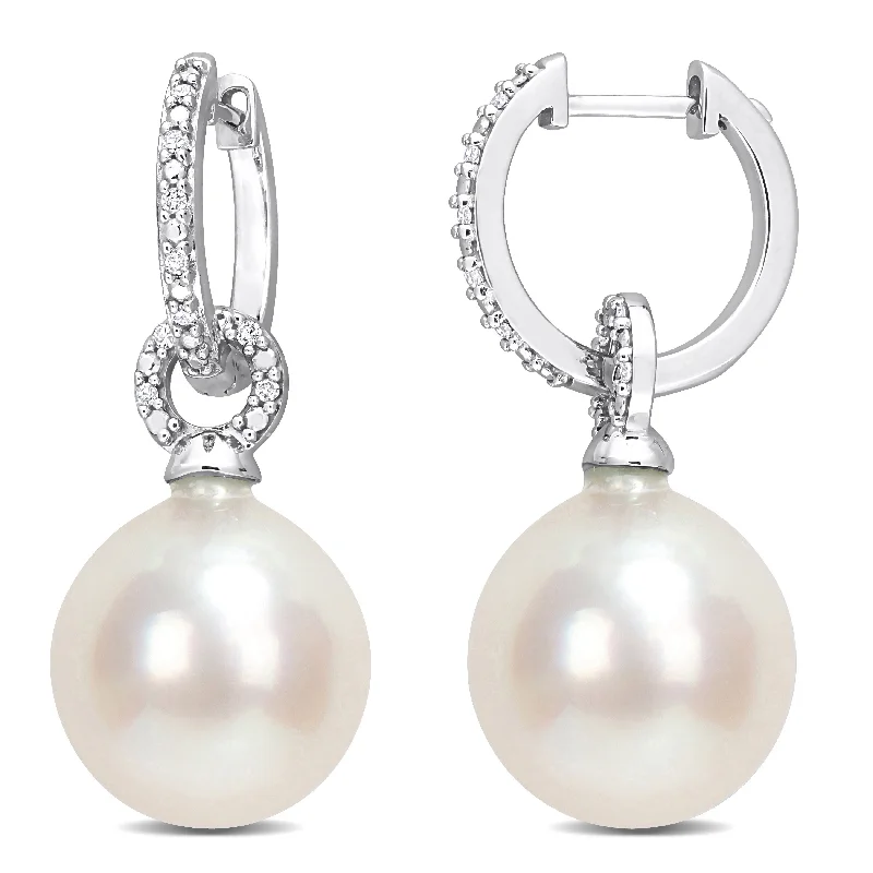 Miadora White South Sea Cultured Pearl and 1/10ct TDW Diamond Hoop Earrings in 14k White Gold