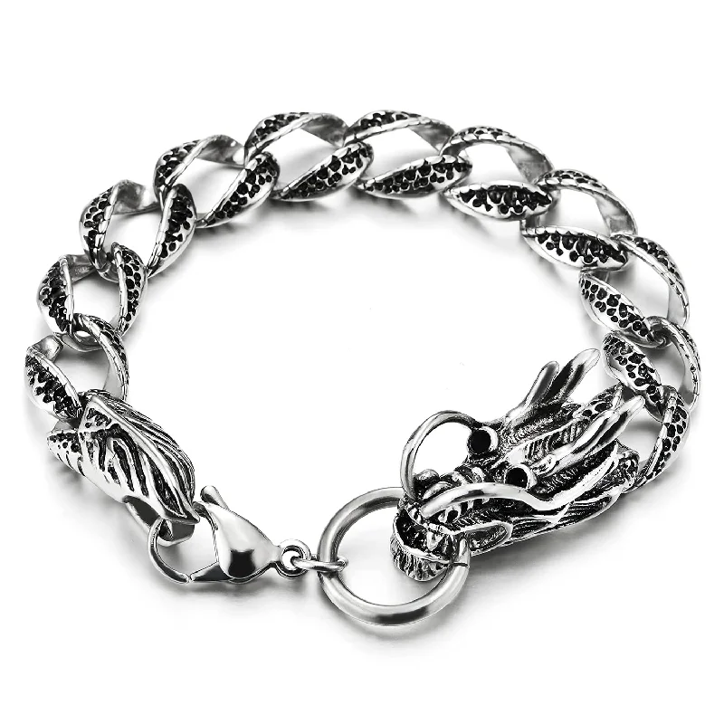 Men Gothic Biker Steel Link of Dragon Bracelet with Lobster Claw, Silver Black Two-tone Polished