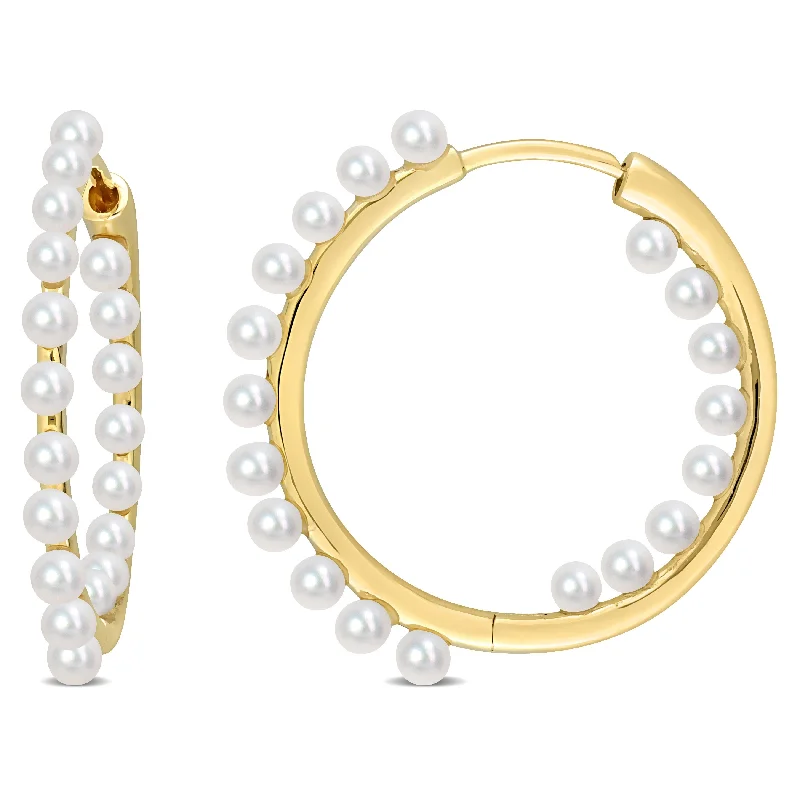 Miadora White Cultured Freshwater Pearl Inside Outside Hoop Leverback Earrings in 14k Yellow Gold