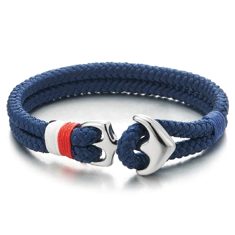 Mens Womens Steel Marine Anchor Two-Row Dark Blue Braided Cotton Thread Wristband Bangle Bracelet