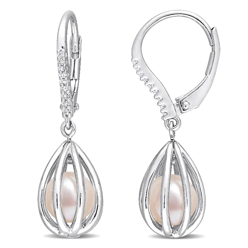 Miadora Cultured Freshwater Pearl and Diamond Accent Cage Leverback Drop Earrings in Sterling Silver (7-7.5mm)