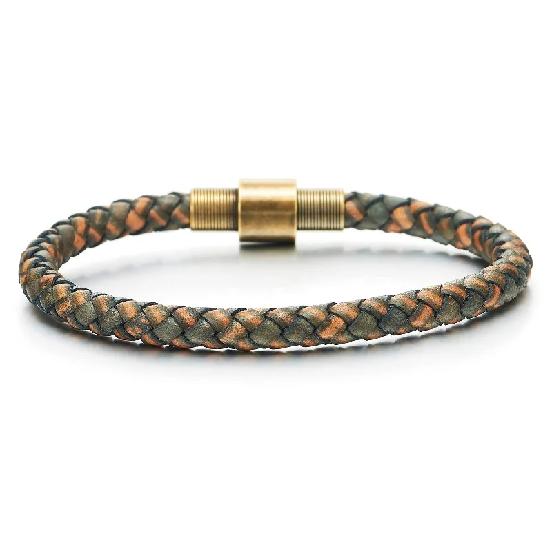 Mens Women Two-Tone Brown Braided Leather Bracelet Bangle, Vintage Aged Brass Steel Magnetic Clasp