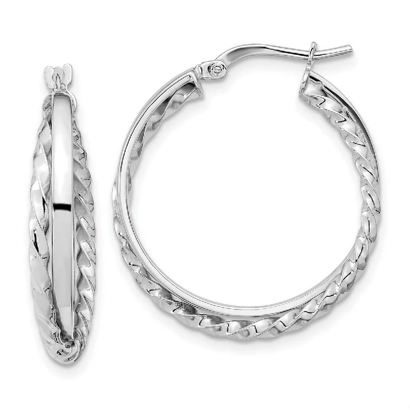 Curata 14k White Gold Polished and Textured Hinged Hoop Earrings - 25.4x34.5mm