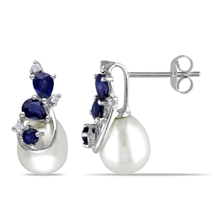 Miadora 10k White Gold Cultured Freshwater Pearl, Sapphire and Diamond Earrings (H-I, I2-I3)