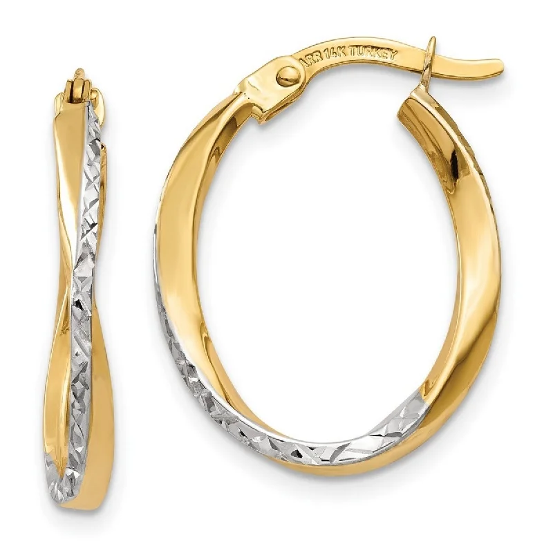 Curata 10k Yellow Gold White Rhodium Textured and Polished Oval Hoop Earrings - 17x2mm